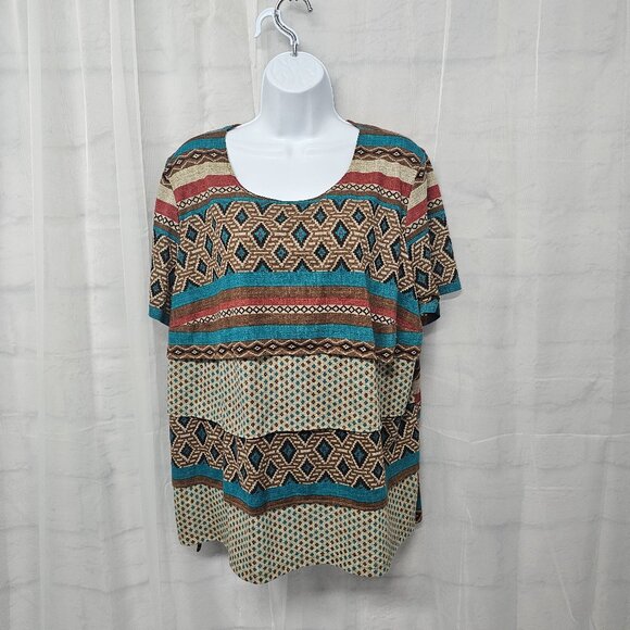 Alfred Dunner Brown Blue Aztec Tee Blouse Layered Boho Festival 1X - Picture 11 of 11